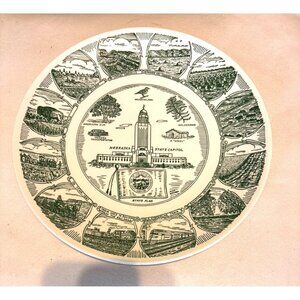 Nebraska Souvenir Plate Green Print State Capitol Vtg 10” Kettlesprings 1564S